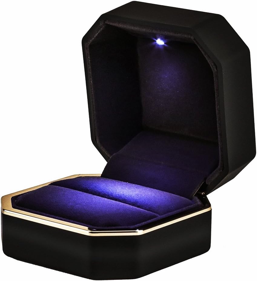 Square Velvet Wedding Ring Case Jewelry Gift Box with LED Light for Proposal Engagement Wedding, Black