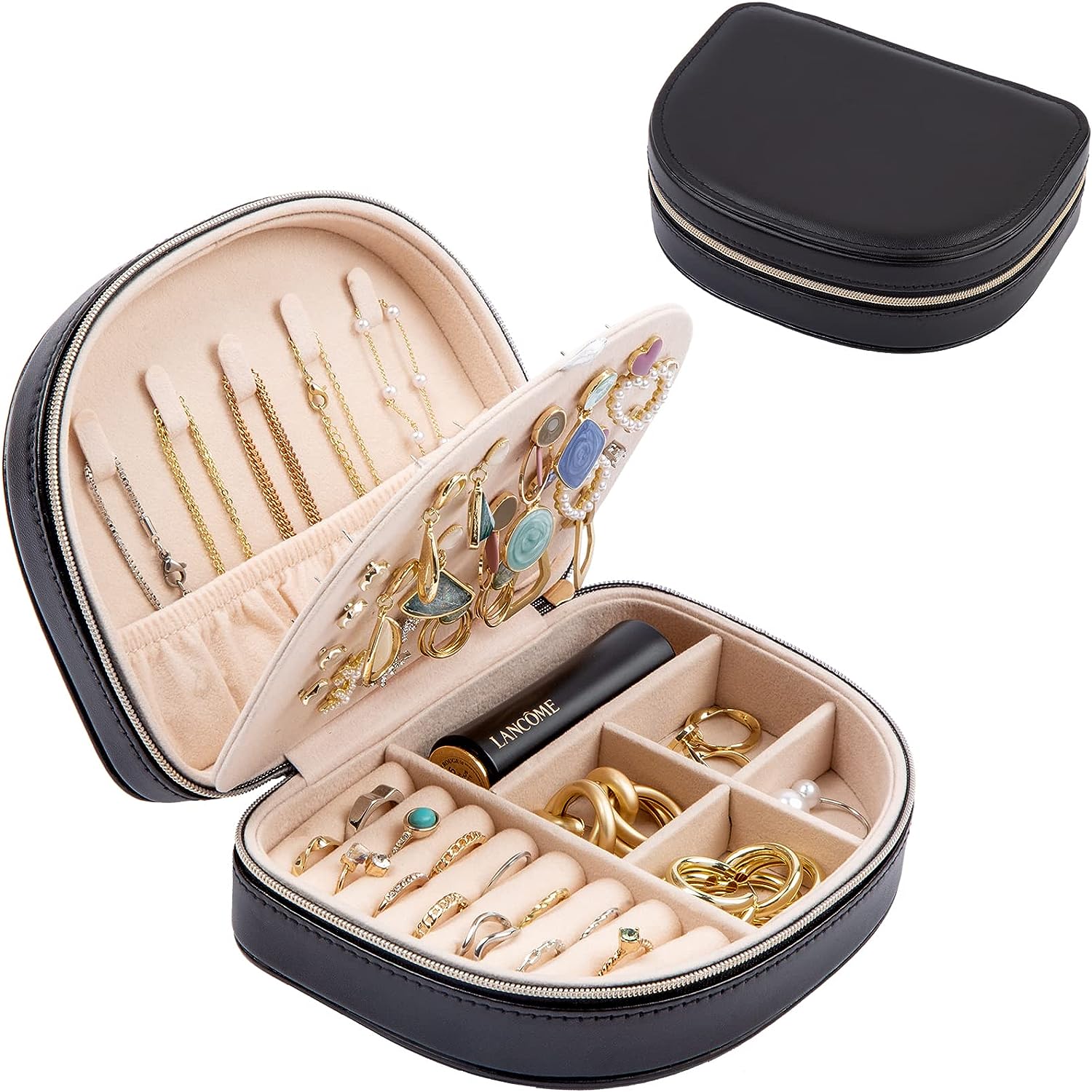 Travel Size Jewelry Box, Small Portable Seashell-Shaped Jewelry Case, 2 Layer Mini, Black