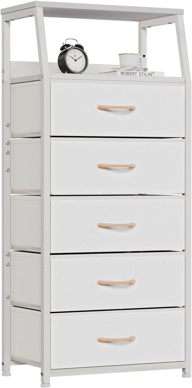 White Dresser with 5 Drawers, Vertical Storage Tower Fabric Dresser for Bedroom,  Wood Top, White