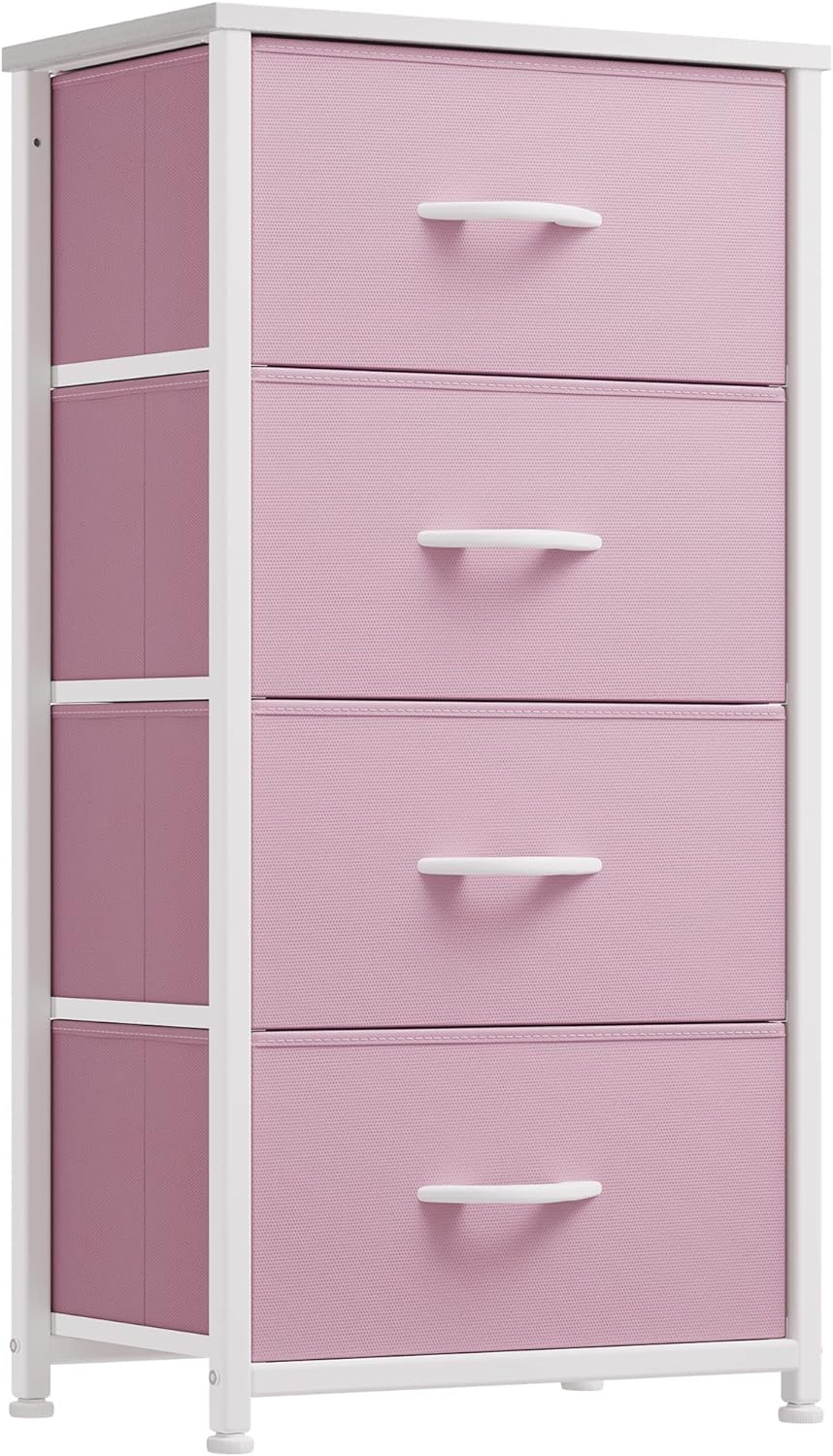 Storage Drawer with 4 Drawers - Fabric Dressers for Kids, Wooden Top & Easy Pull Fabric Bins, Pink