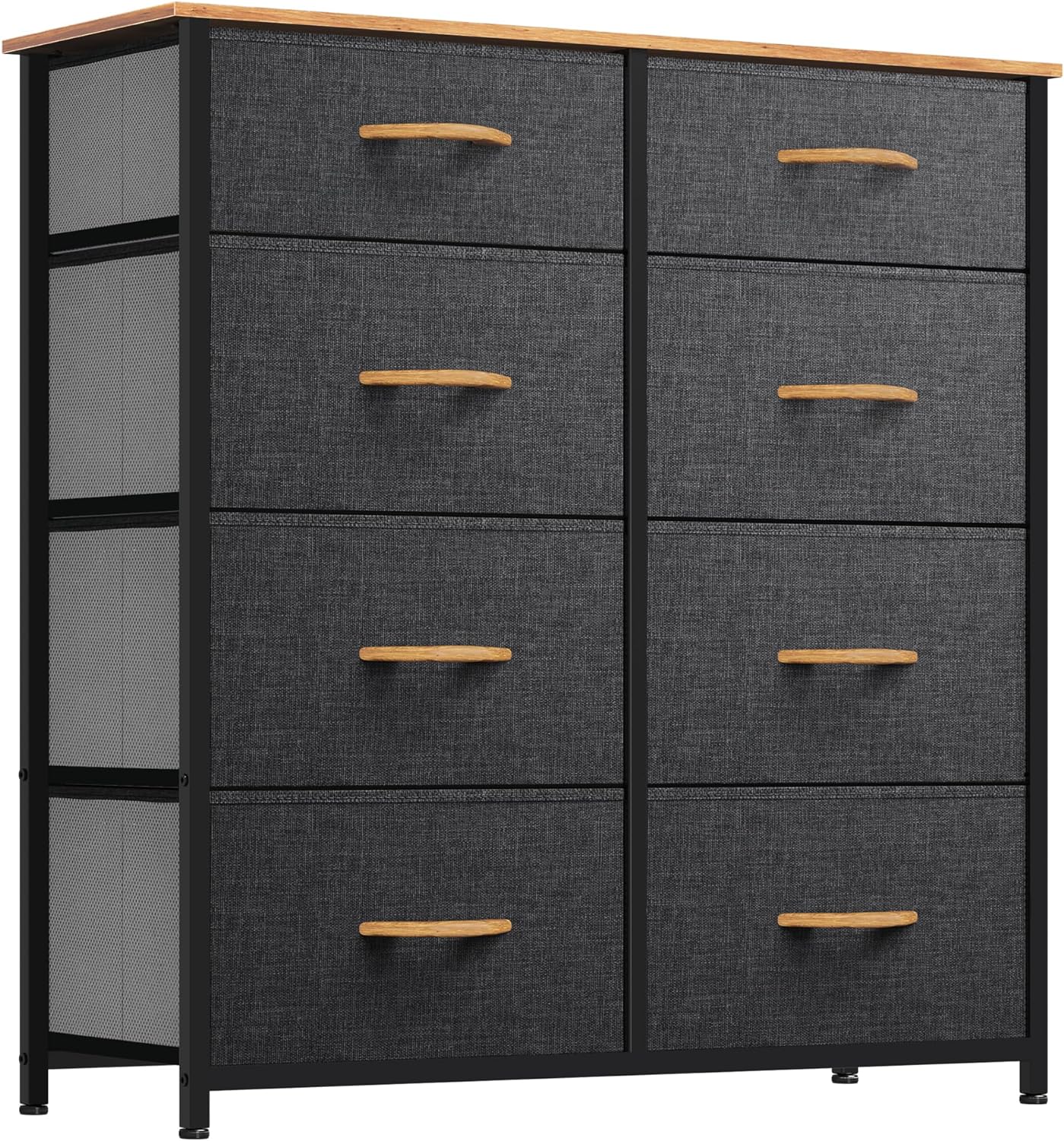 Tall Dresser with 8 Drawers, Storage Tower with Fabric Bins, Sturdy Steel Frame, Wooden Top (Dark Grey)