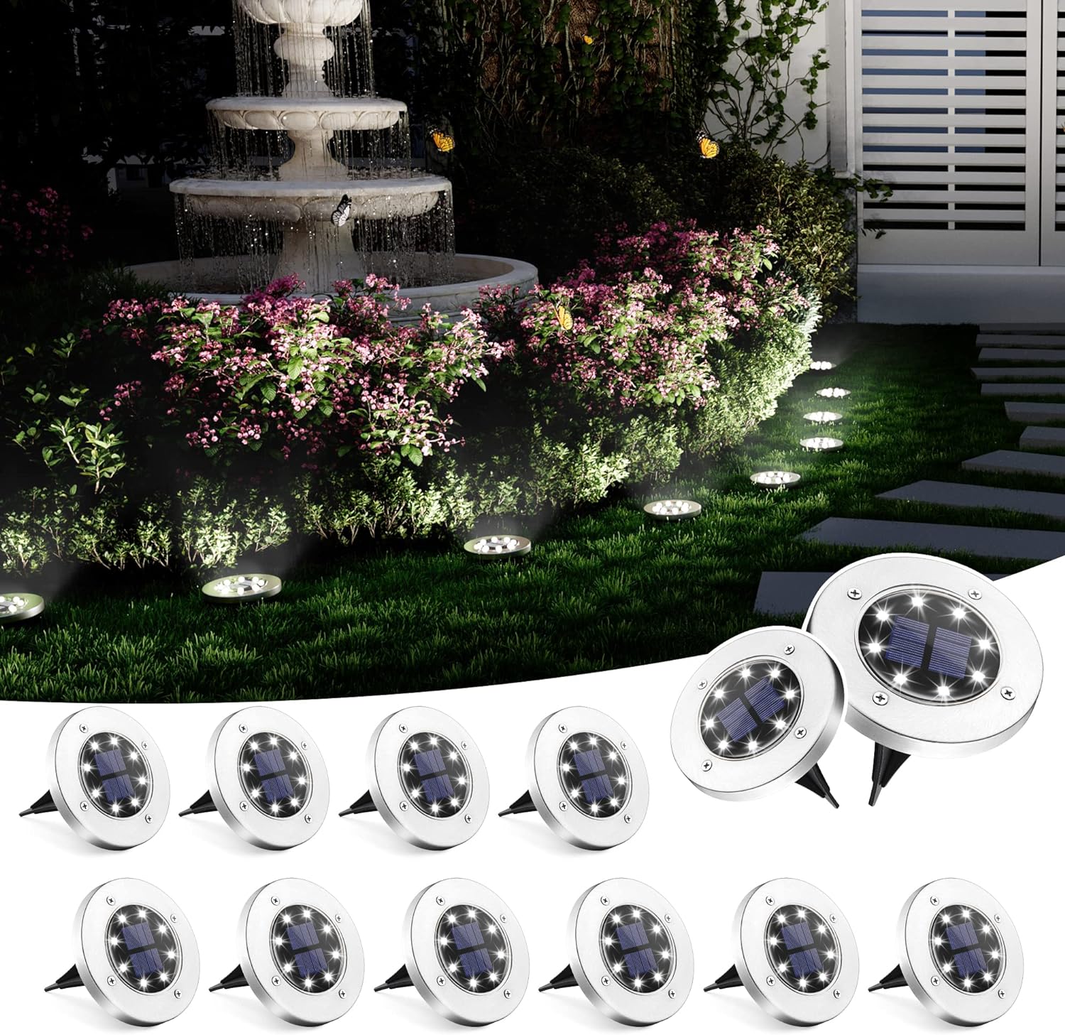 12 Pack Solar Lights Outdoor Waterproof, 8 LED Solar Powered Landscape Lighting for Garden Yard (Cool White)