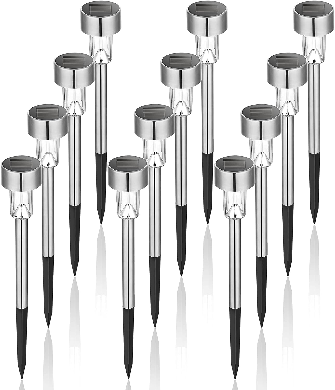 12 Pack, Stainless Steel LED Solar Garden Lights for Patio, Lawn, Yard and Landscape, Cold White