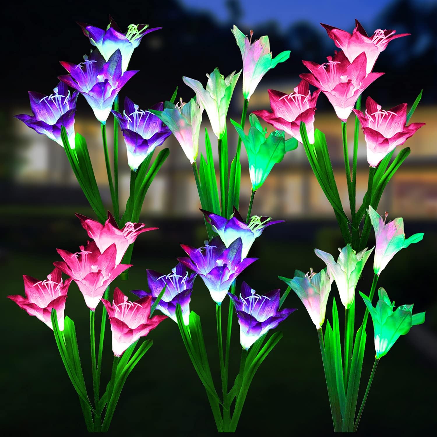 Solar Lights Outdoor Garden Decorative Flowers 6 Pack, Waterproof Solar Garden Lights with 24 Lily Flowers