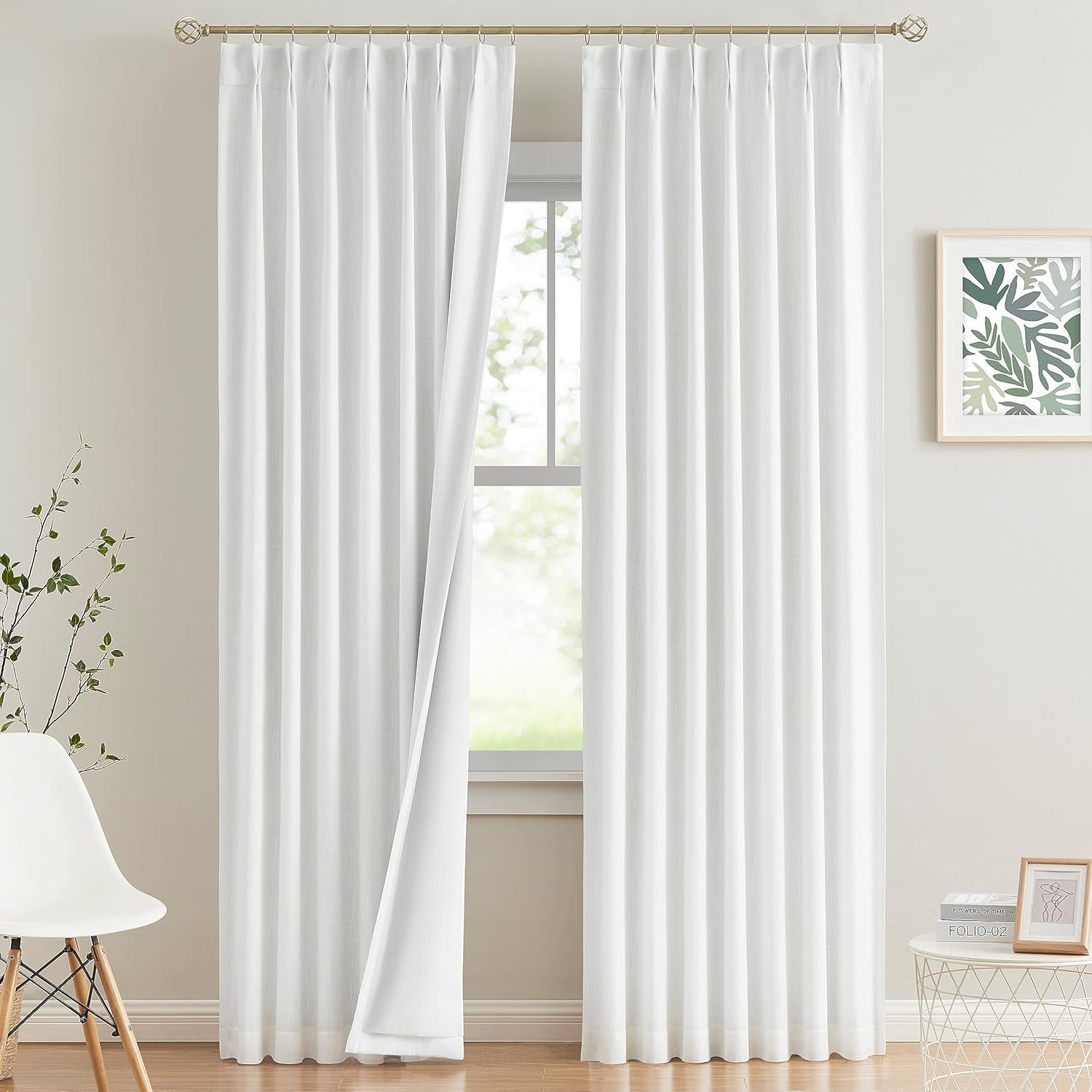 White Pinch Pleated Full Blackout Curtains Thermal Insulated Window Curtains, 2 Panel 40" Wx108 L