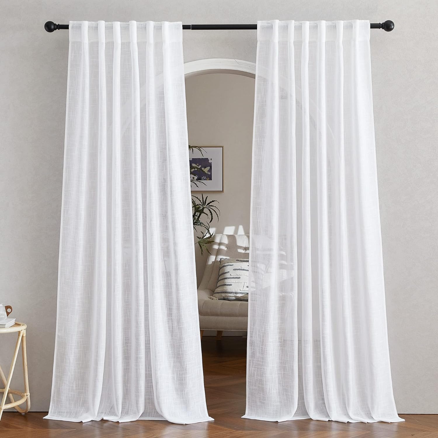 White Linen Sheer Curtains and Drapes 84 inches Long for Sliding Glass Door & Living Room, 52"W, Set of 2