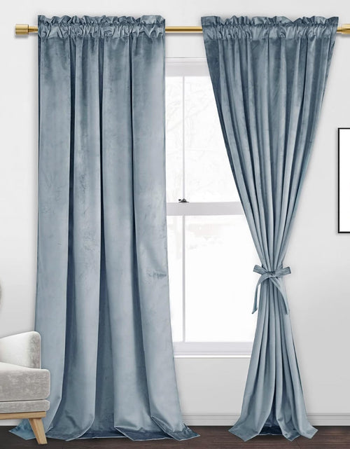 Load image into Gallery viewer, Velvet Blackout Curtains for Living Room, Darkening Rod Pocket Drapes for Office, Set of 2 Panels, 52W x 84L, Stone Blue
