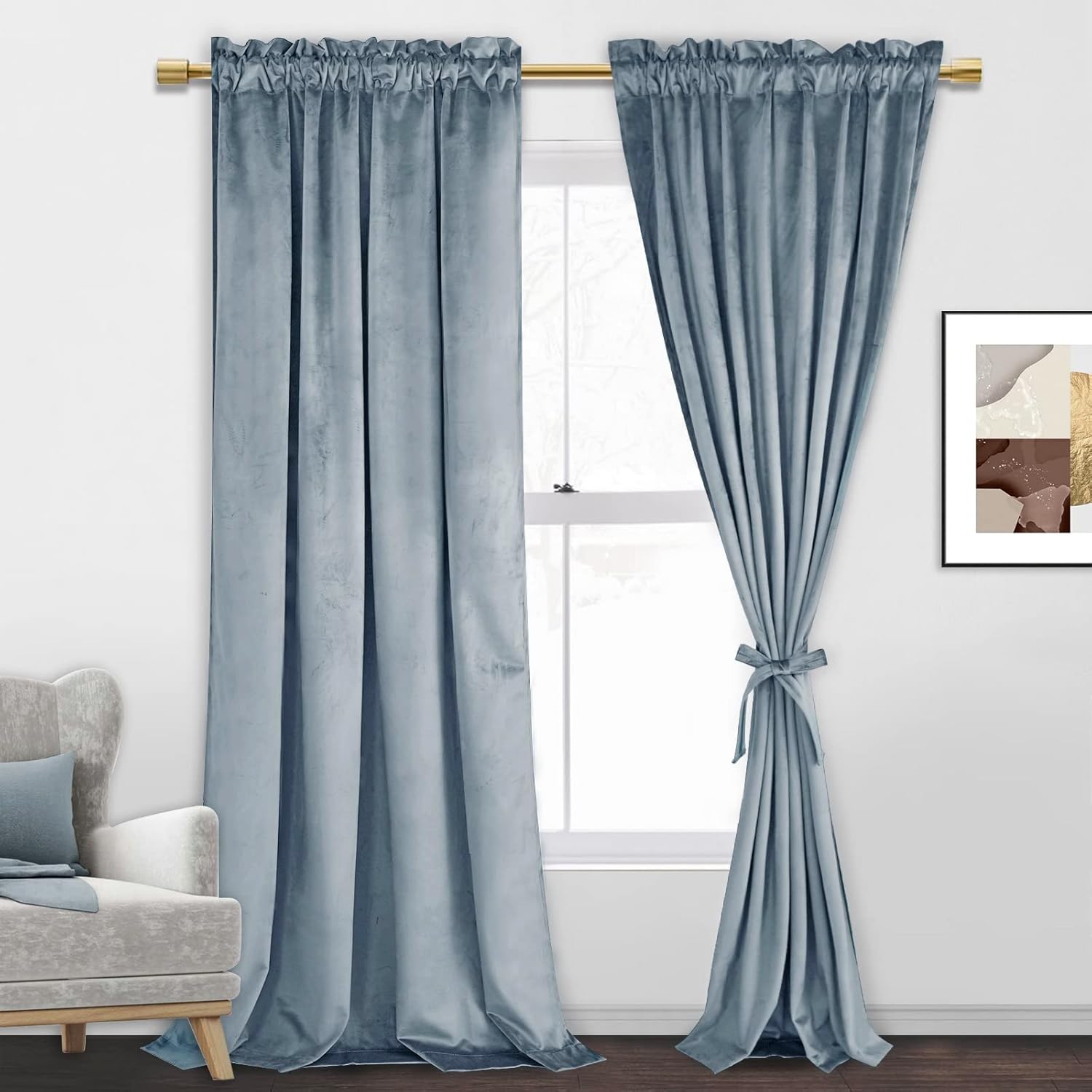 Velvet Blackout Curtains for Living Room, Darkening Rod Pocket Drapes for Office, Set of 2 Panels, 52W x 84L, Stone Blue