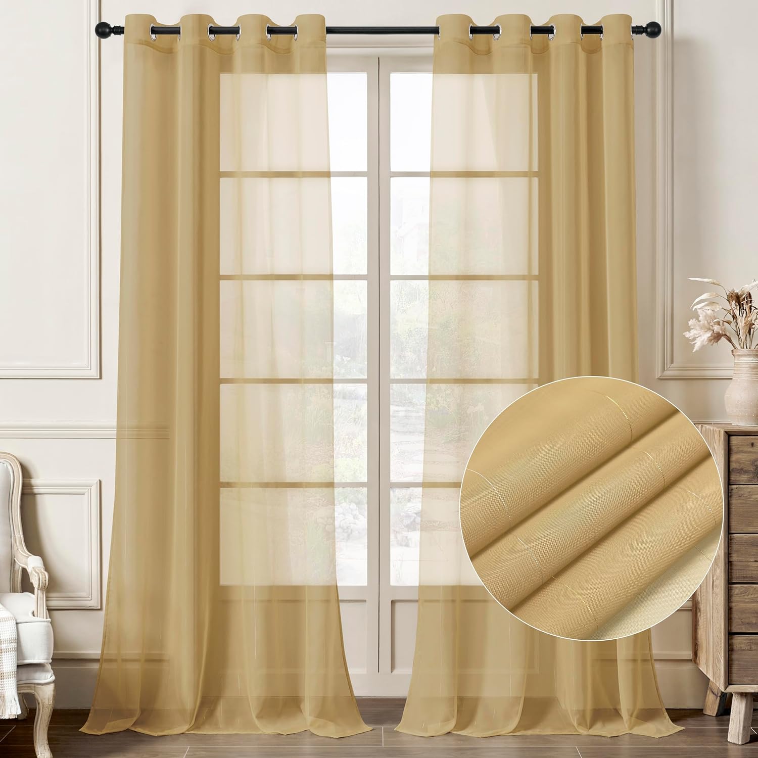 Stripe Gold Sheer Curtains 108 inch Length 2 Panels with Grommets Semi Transparant Curtains