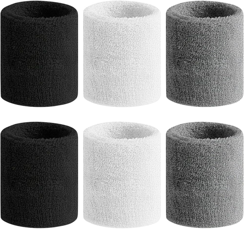 Sweatbands Sports Wristband for Men & Women - Moisture Wicking Athletic Cotton Terry Cloth Sweatband (Black/White/Gray)