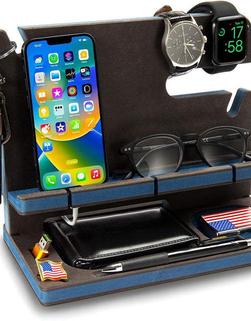 Load image into Gallery viewer, Wooden Docking Station for Cell Phone, Tablet, Wallet, Gadgets, Nightstand, Gifts for Men (Blue)
