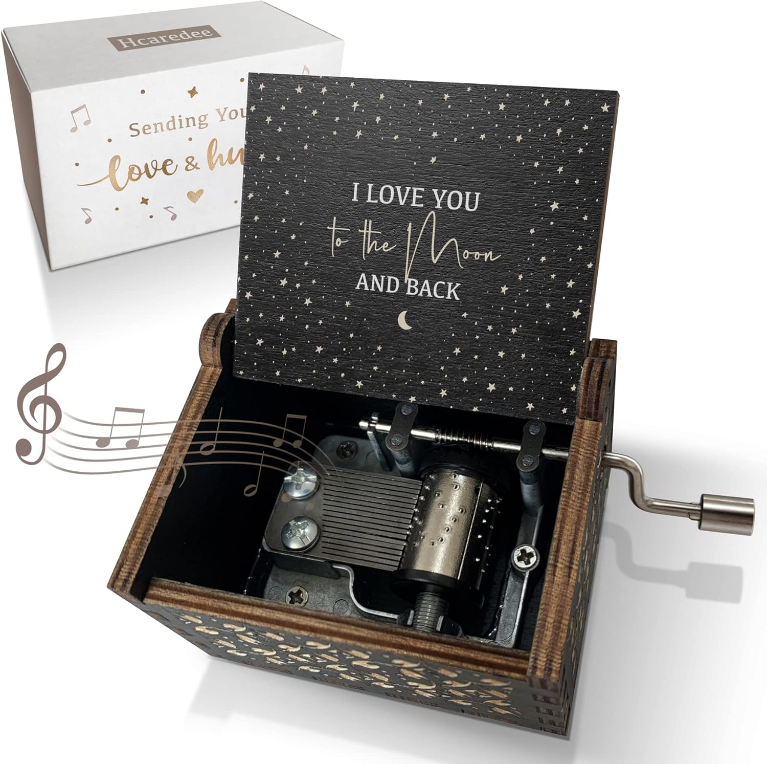 Love You to The Moon and Back Wooden Music Box, Hand Crank Antique Engraved Wood Musical Boxes