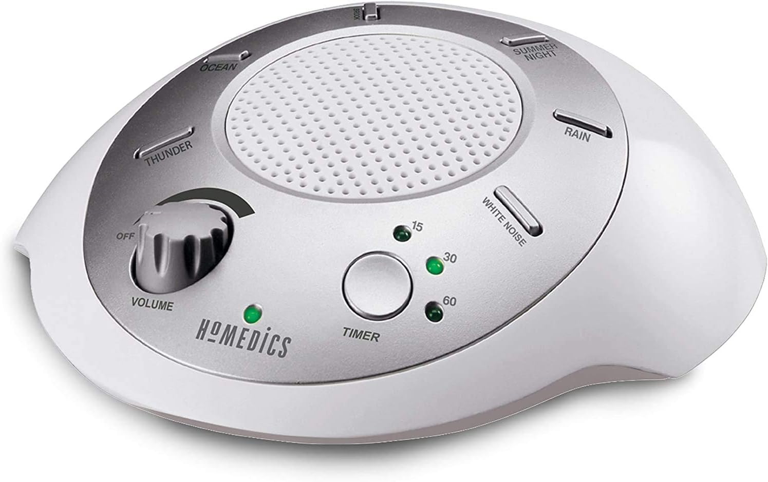 SoundSleep White Noise Sound Machine, Silver, Small Travel Sound Machine with 6 Relaxing Nature Sounds, Silver