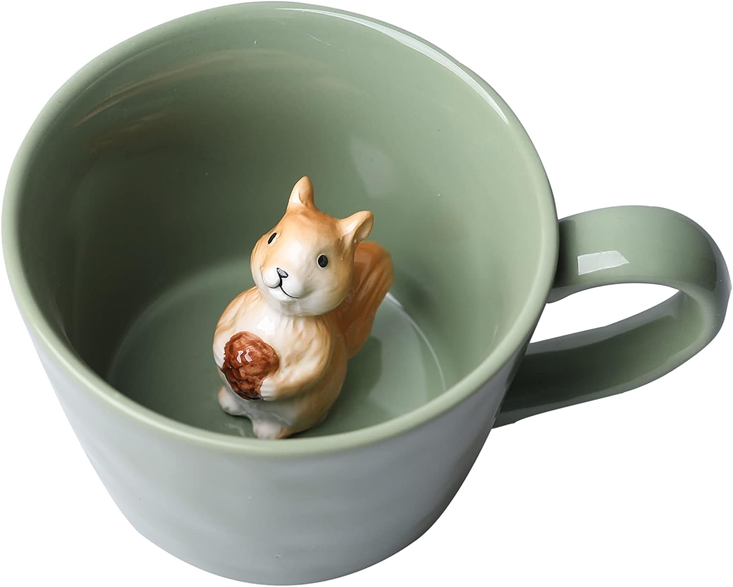 Squirrel Ceramic Cup Hidden 3D Animal Inside Mug,Cute Cartoon Handmade Figurine Mugs, 12 OZ (Light Green)