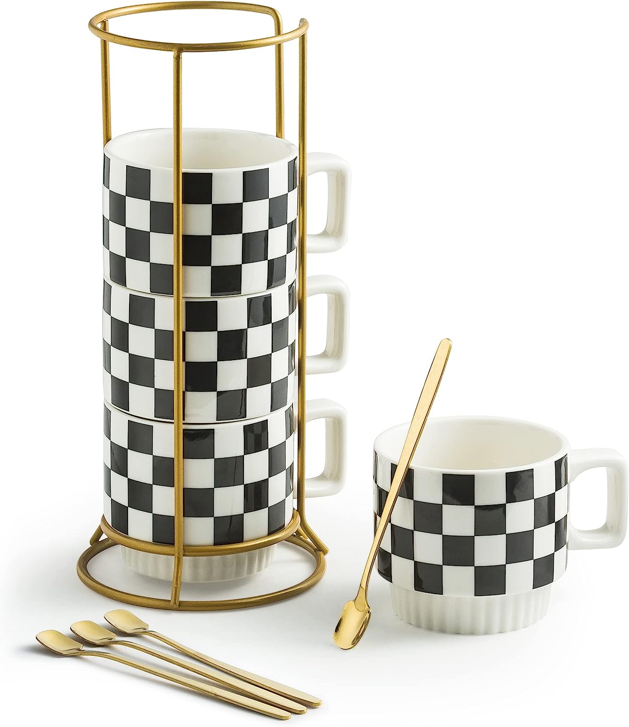 Stackable Coffee Mug Set of 4 with Rack 11 oz Tea Cup Set with Little Spoon (Black & White Pattern)