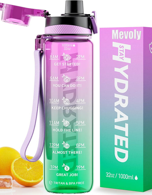 Load image into Gallery viewer, 32 oz Water Bottle, Motivational Water Bottles with Time Marker-Tritan &amp; BPA Free, Purple Green
