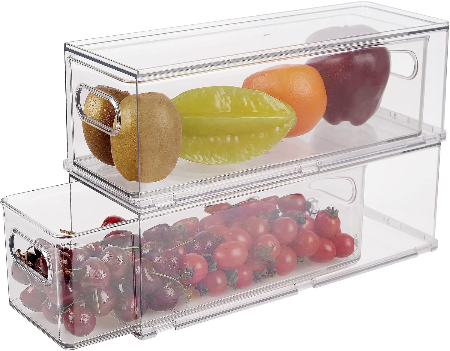 2 Pack Refrigerator Organizer Bins with Pull-out Drawer, Stackable Fridge Drawer Organizer Set with Handle