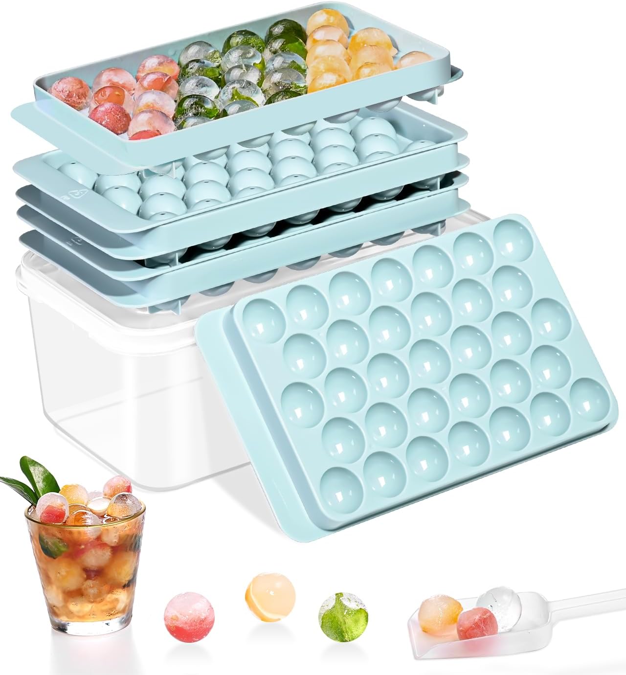 Stackable Round Ice Cube Tray Set with Lid & Bin – Create 99PCS Round Ice Balls, Ice Trays for Freezer