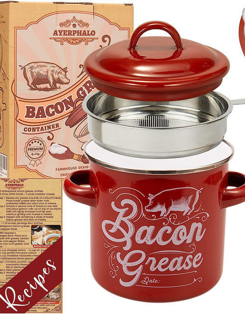 Load image into Gallery viewer, 46OZ Large Capacity, With Silicone Wooden Spatula, Enamel Bacon Grease Keeper, Red
