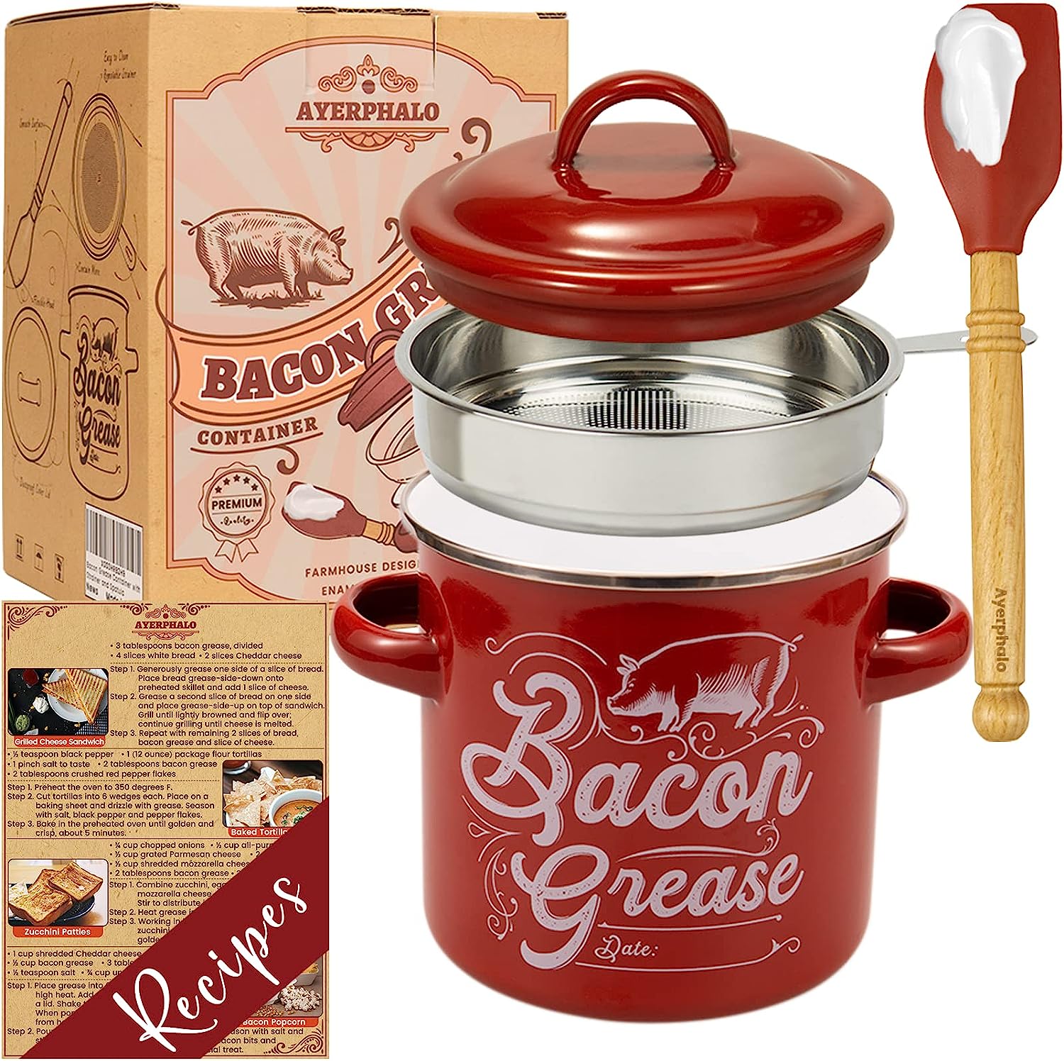 46OZ Large Capacity, With Silicone Wooden Spatula, Enamel Bacon Grease Keeper, Red