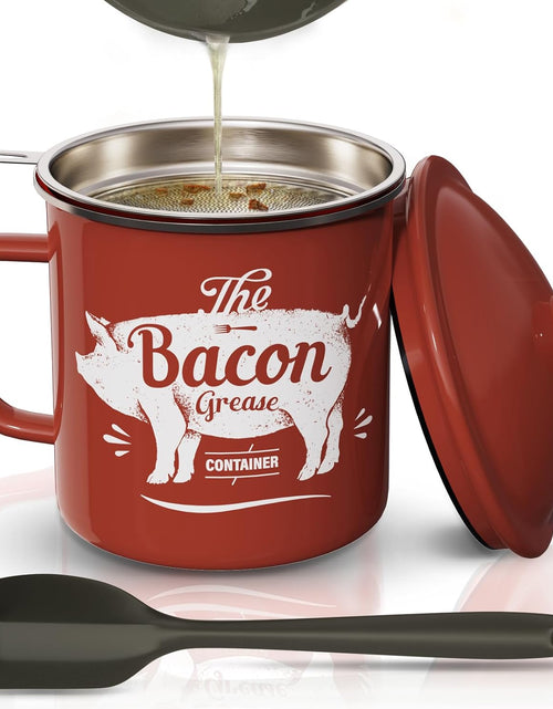 Load image into Gallery viewer, 46OZ Large Enamel Grease Container, With Silicone Spatula, Farmhouse Bacon Grease Keeper, Red
