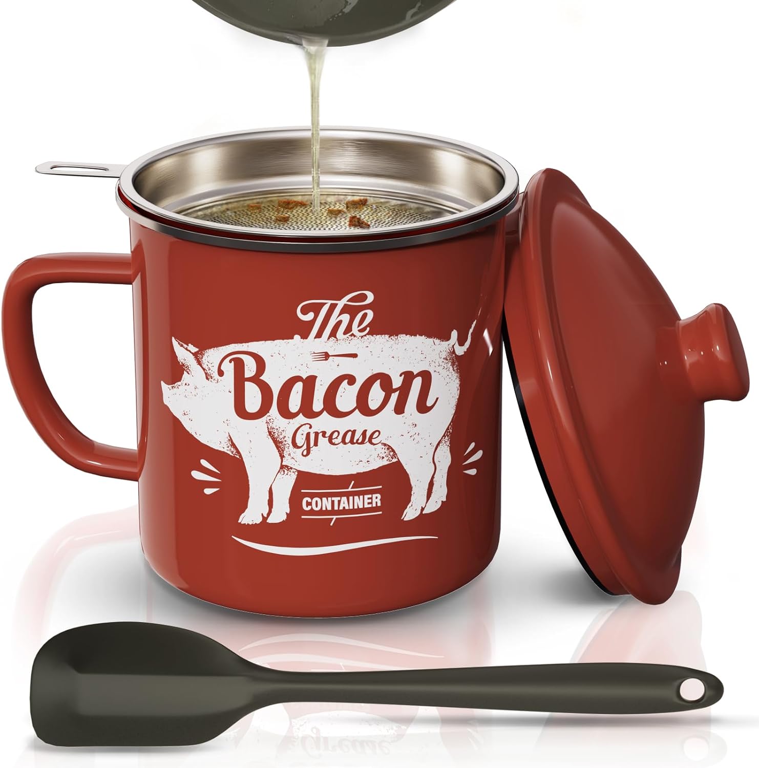 46OZ Large Enamel Grease Container, With Silicone Spatula, Farmhouse Bacon Grease Keeper, Red