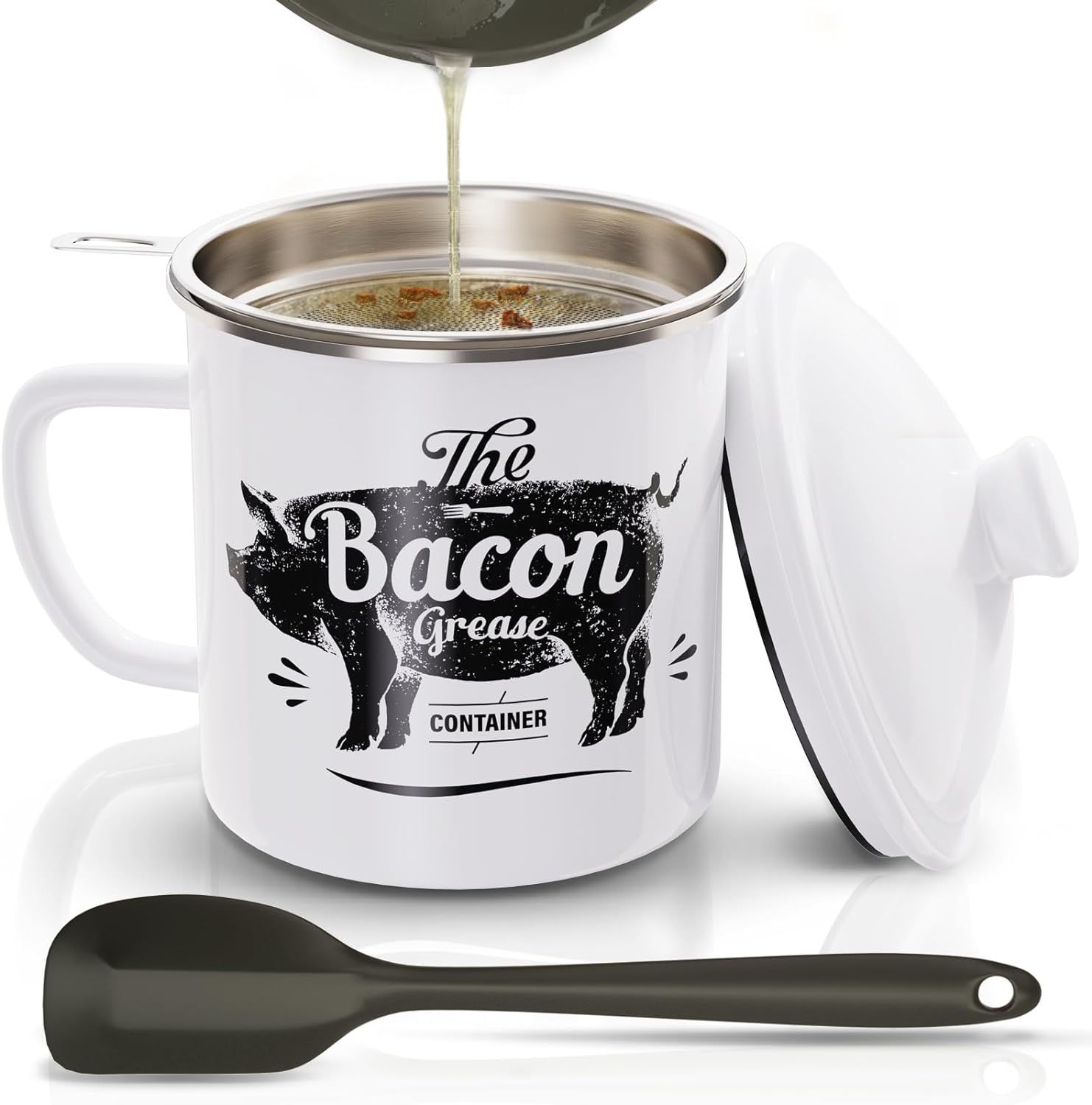 46OZ Large Enamel Grease Container, With Silicone Spatula, Farmhouse Bacon Grease Keeper, White