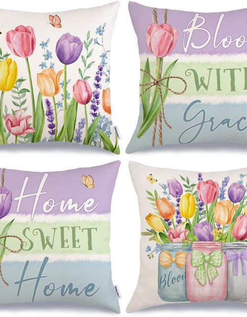 Load image into Gallery viewer, Spring Summer Throw Pillow Covers 18x18 Inch Set of 4, Floral Tulips Mason Jars Home Sweet Home
