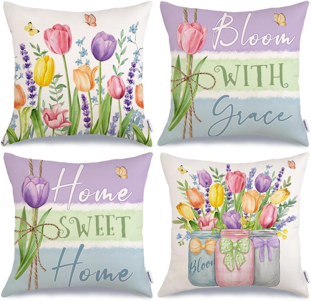 Spring Summer Throw Pillow Covers 18x18 Inch Set of 4, Floral Tulips Mason Jars Home Sweet Home