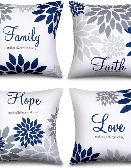 Load image into Gallery viewer, 4 Pcs Yellow Flower Navy Pillow Covers Square Pillow Cushion Cases 18x18 Inch, Family Faith Hope Love Words
