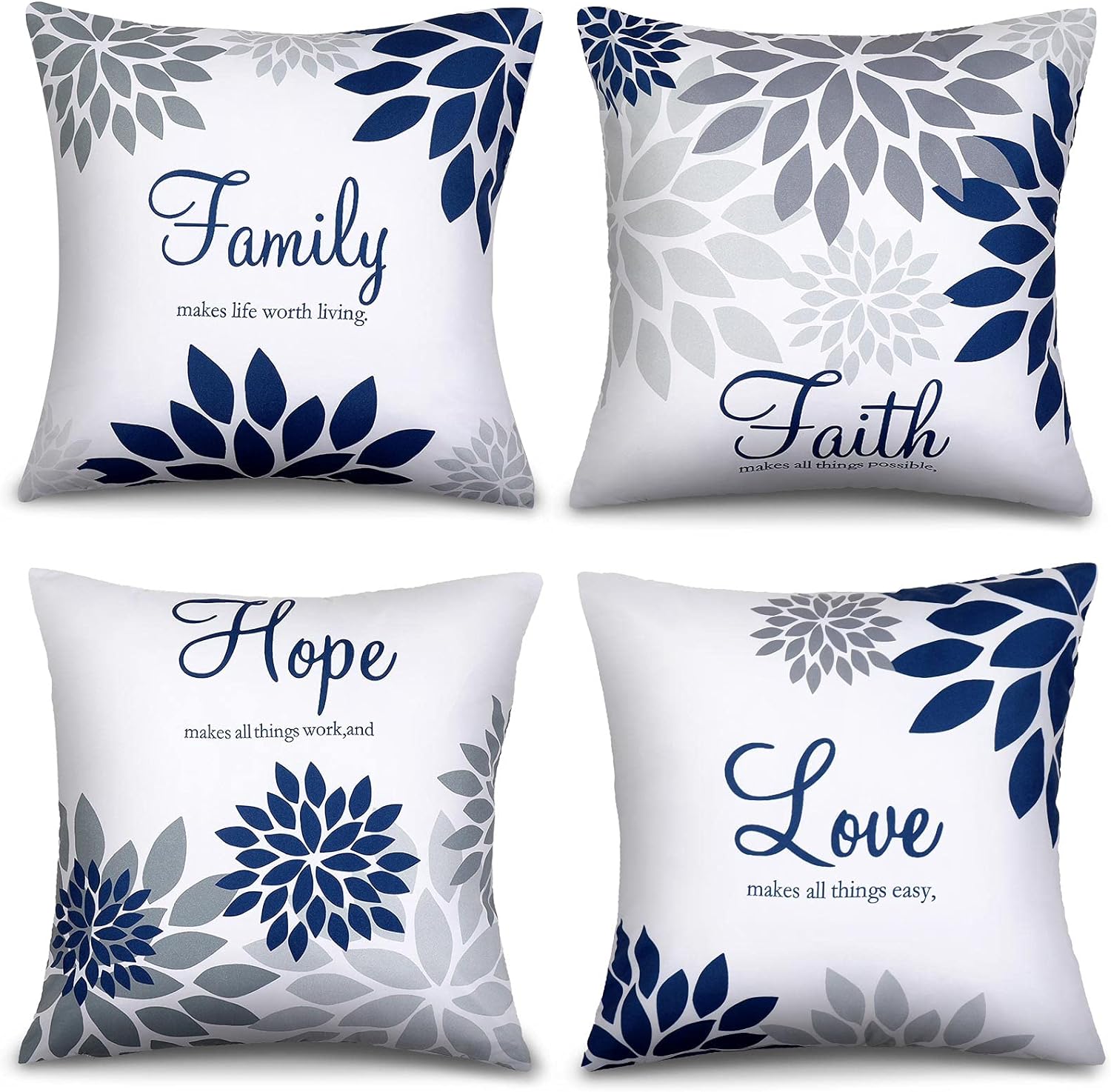 4 Pcs Yellow Flower Navy Pillow Covers Square Pillow Cushion Cases 18x18 Inch, Family Faith Hope Love Words