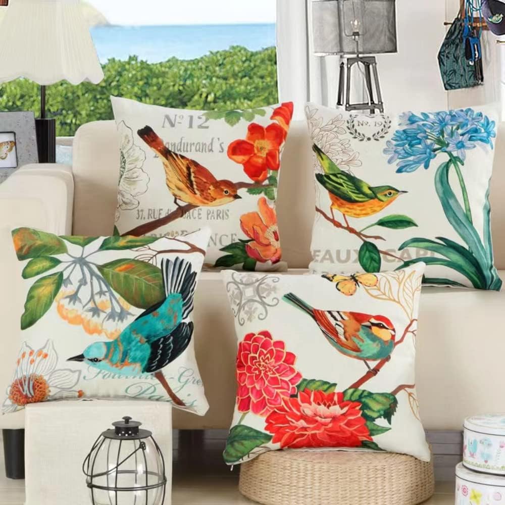 4 Pack Summer Outdoor Birds Cushion Covers Decorative Birds Flower Pillowcovers