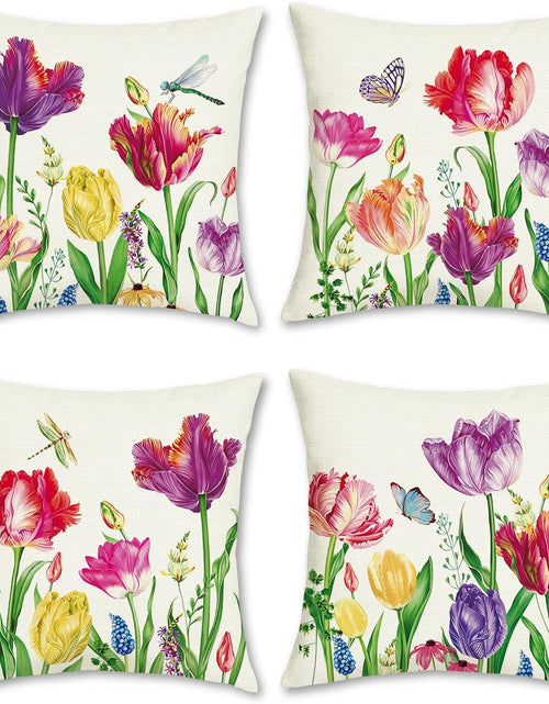 Load image into Gallery viewer, Tulip Spring Floral Pillow Covers 18 x 18 Inch Set of 4, Farmhouse Garden Colorful Pillows Case
