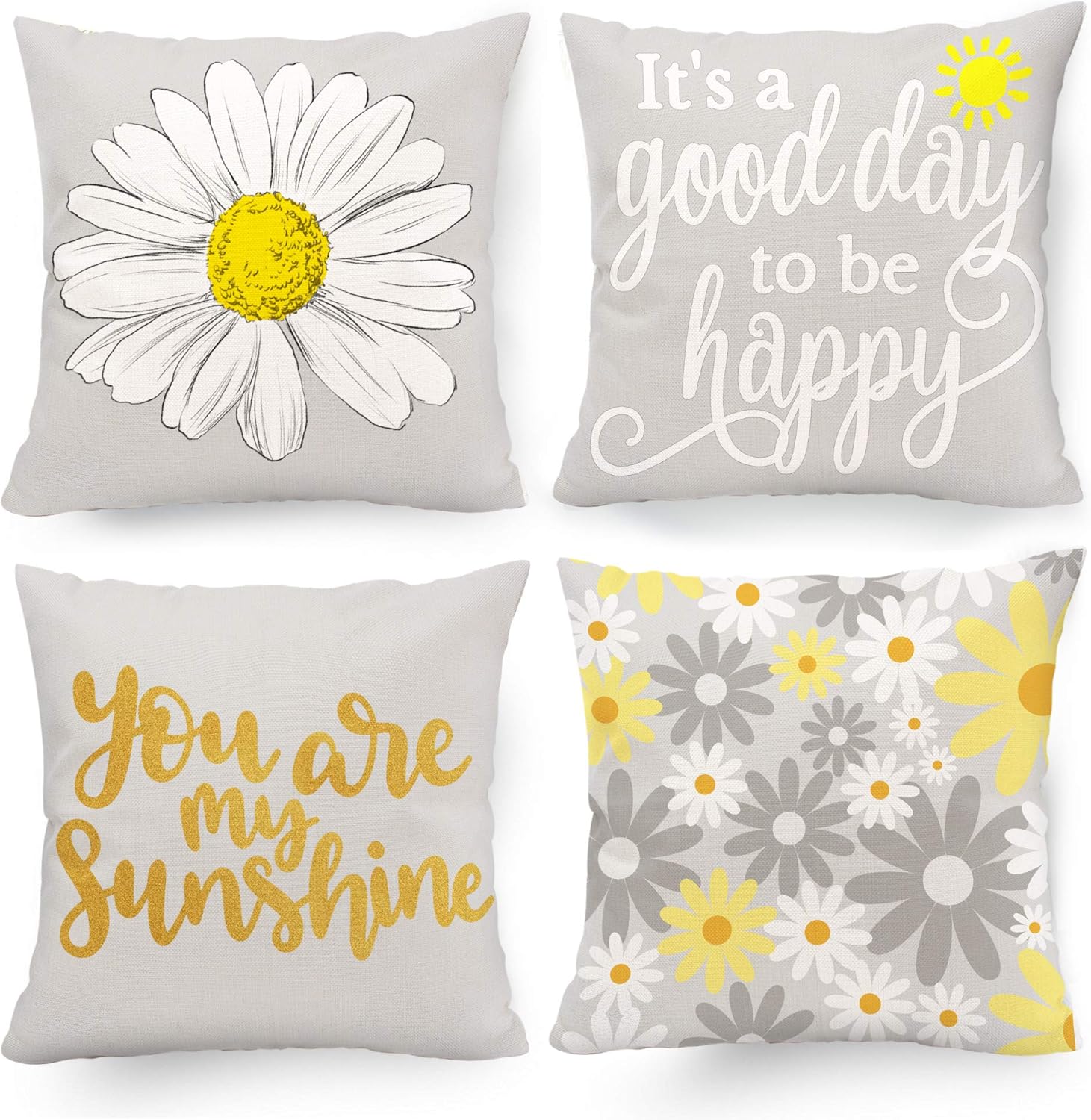 Spring Summer Pillow Covers 18x18 Set of 4, Yellow Grey Decor Pillows Sunflower Throw Pillow Covers