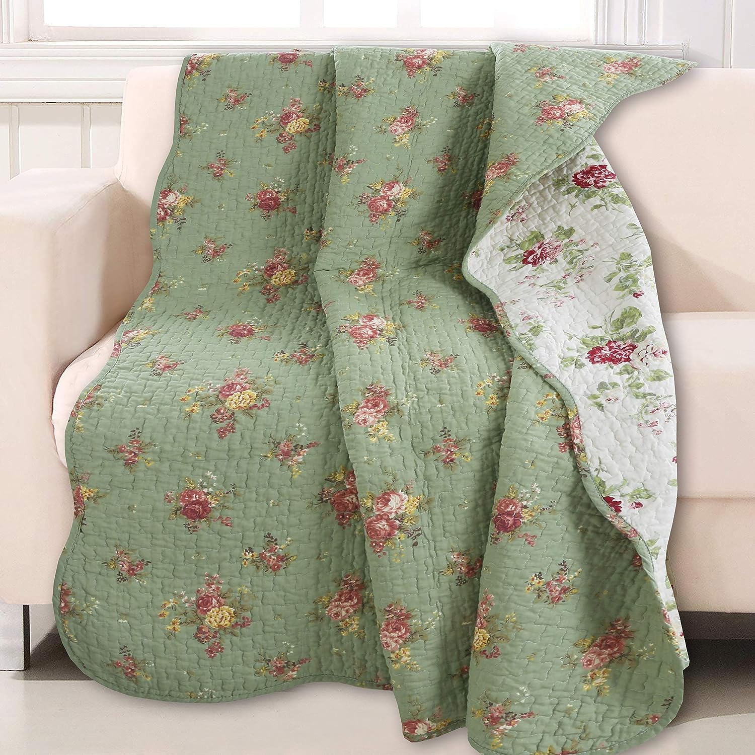 Vintage Floral Quilted Throw 100% Cotton Reversible All Season Throw (Blossom)