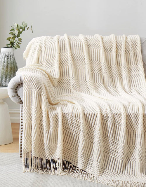 Load image into Gallery viewer, Off White Knitted Throw Blankets for Couch, Decorative Knitted Blankets with Tassel,50&quot;x60&quot;
