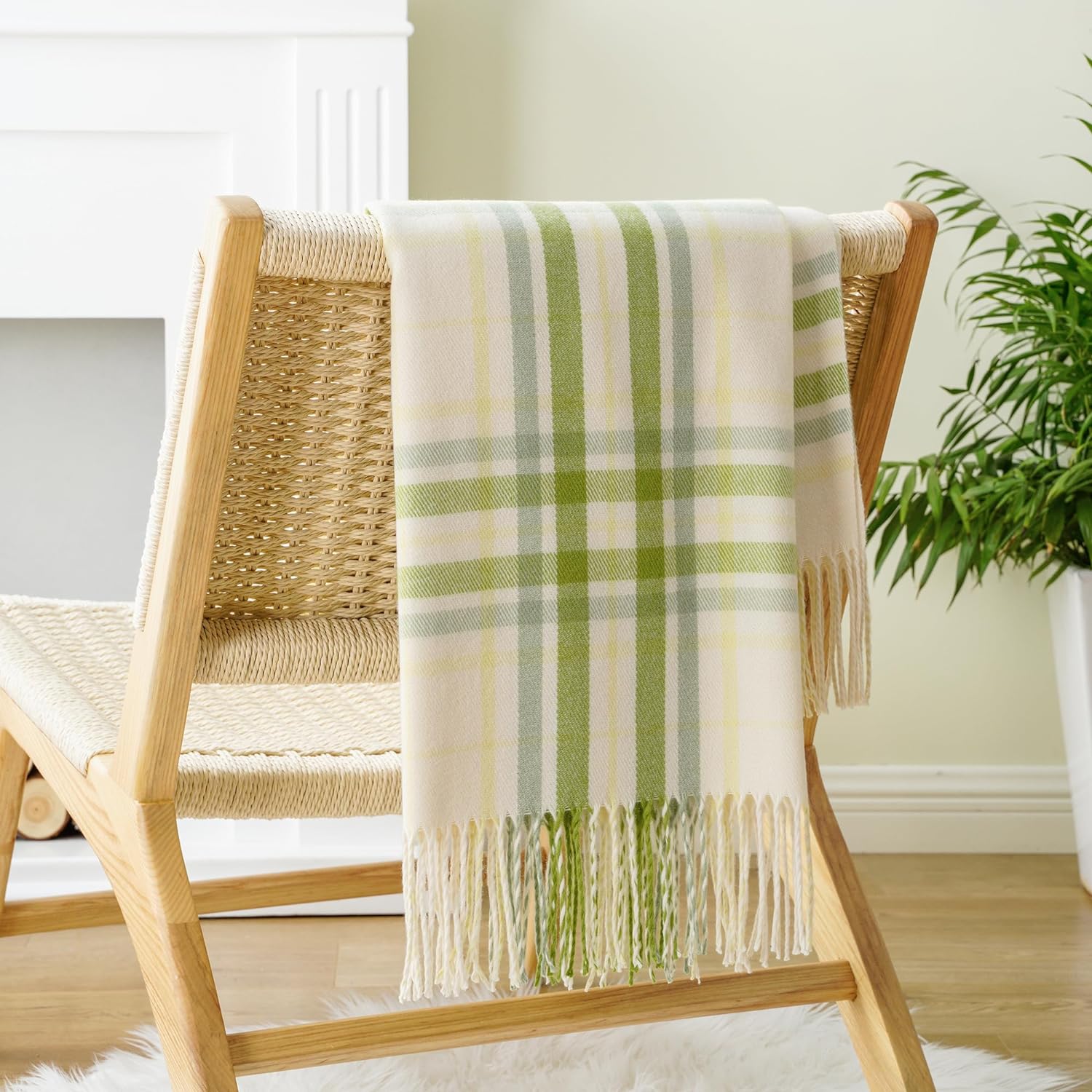 Spring Summer Plaid Throw Blanket for Couch Bed, Decorative White Green Stripe for Home Decor