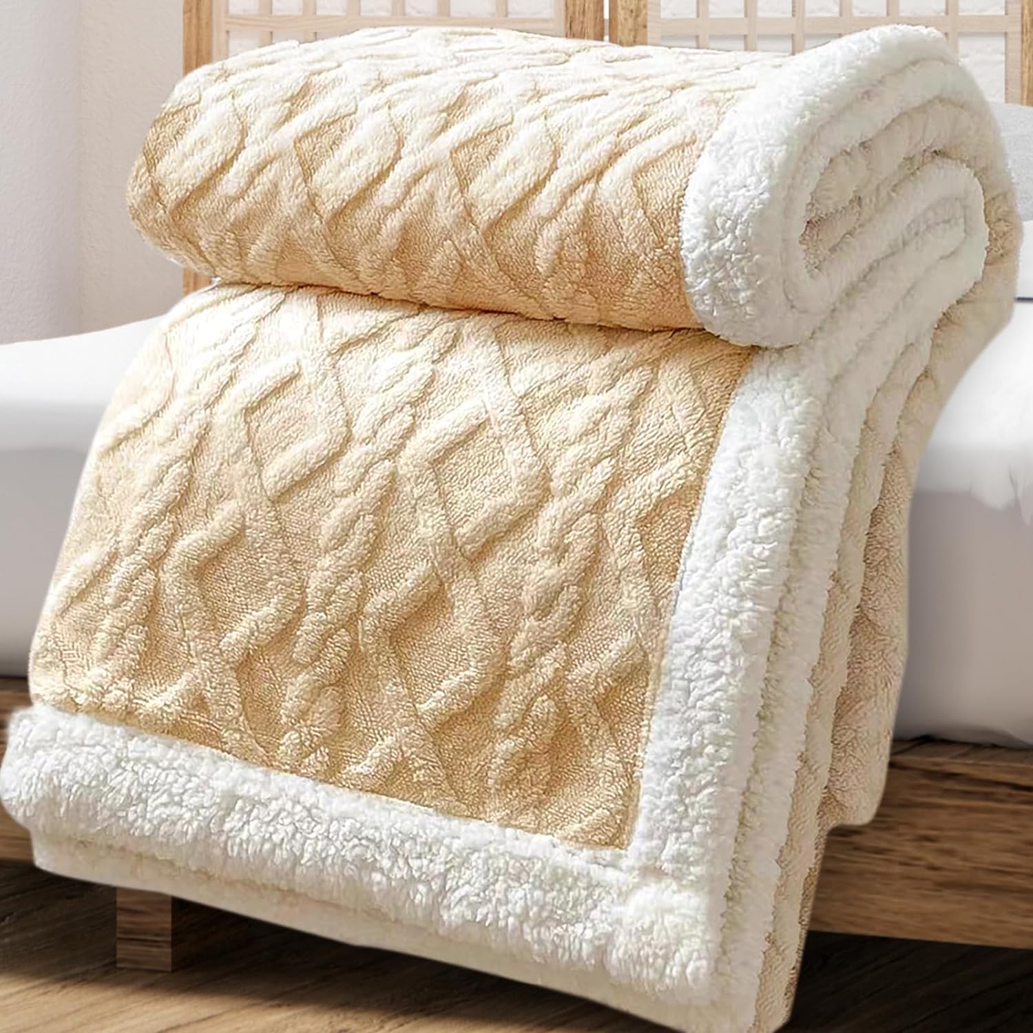 Soft Fleece Plush Sherpa Dual Sided- Fuzzy Fluffy Warm Lightweight 50x70 Inch Beige