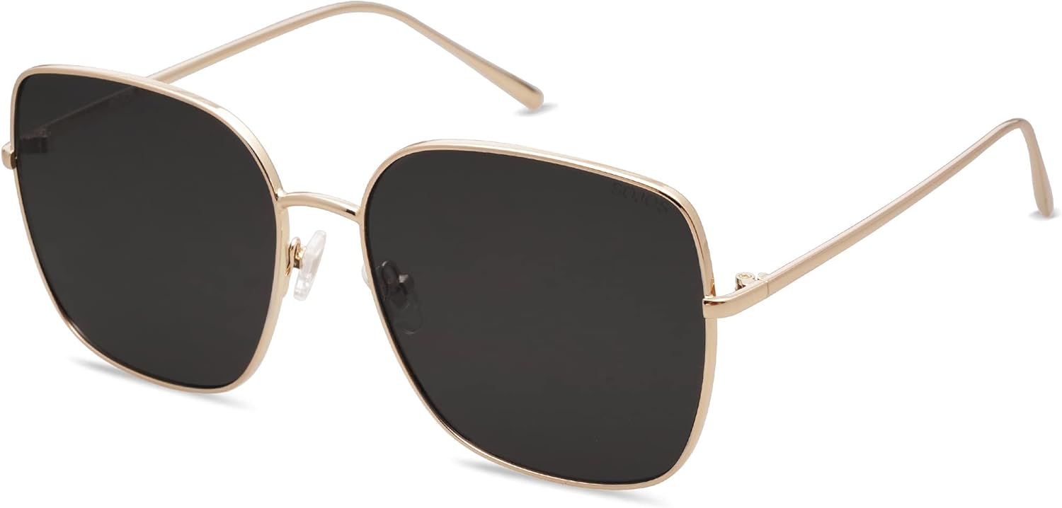 Trendy Oversized Square Metal Frame Sunglasses for Women Men Flat Mirrored Lens UV Protection, Gold Grey