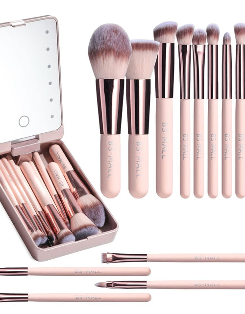 Load image into Gallery viewer, Travel Makeup Brush Set Foundation Powder Concealers Eye Shadows Makeup Set with LED light Mirror 14 Pcs , Pink
