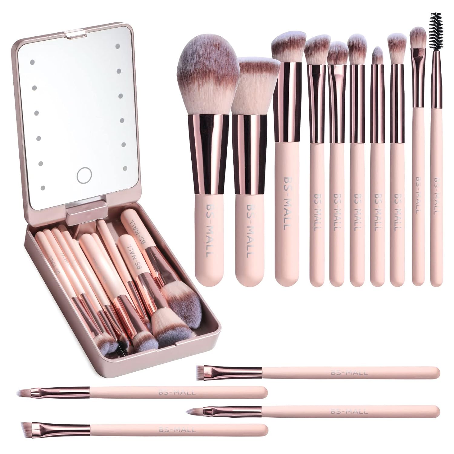 Travel Makeup Brush Set Foundation Powder Concealers Eye Shadows Makeup Set with LED light Mirror 14 Pcs , Pink