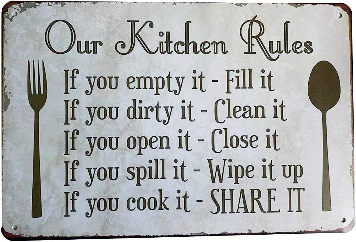 Kitchen Rules Plaque Wall Decor Rustic Metal Tin Sign (12X8-Inch)