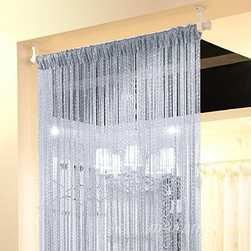 Silver / Grey String Door Curtains Window Panel Room Divider Crystal Tassel Fringe, 2 Pack