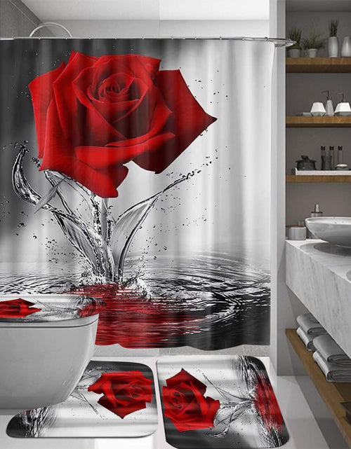 Load image into Gallery viewer, 4PCS Red Rose Shower Curtain Sets with Non-Slip Rugs ,Toilet Lid Cover and Bath Mat
