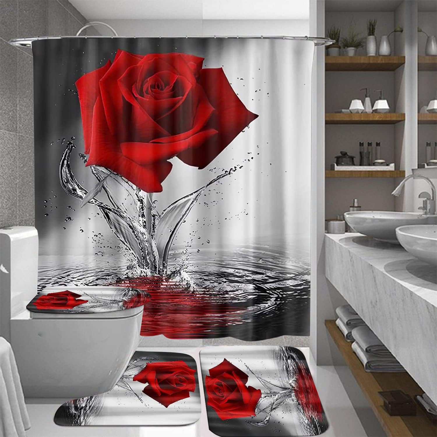 4PCS Red Rose Shower Curtain Sets with Non-Slip Rugs ,Toilet Lid Cover and Bath Mat