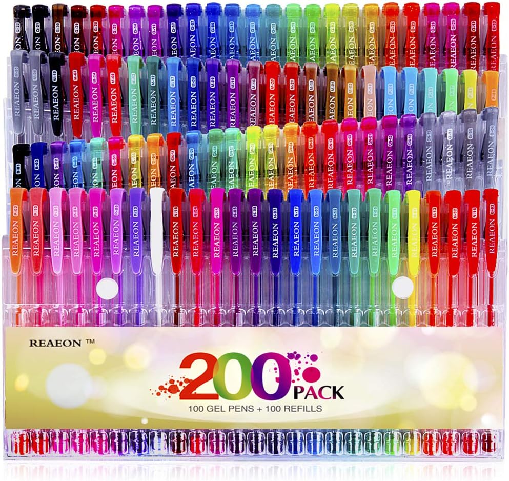 200 Pack Gel Pen with Case Coloring Books and 100 Refills for Drawing Painting Writing