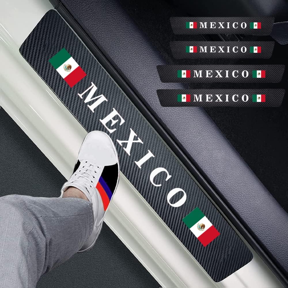 4pcs Mexico Mexican Flag Carbon Fiber Car Door Front/Rear Sill Plate Protectors, Reflective Sticker