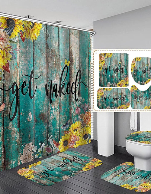 Load image into Gallery viewer, 4Pcs Get Naked Sunflower Shower Curtain Sets Floral Green Bathroom Set Decor
