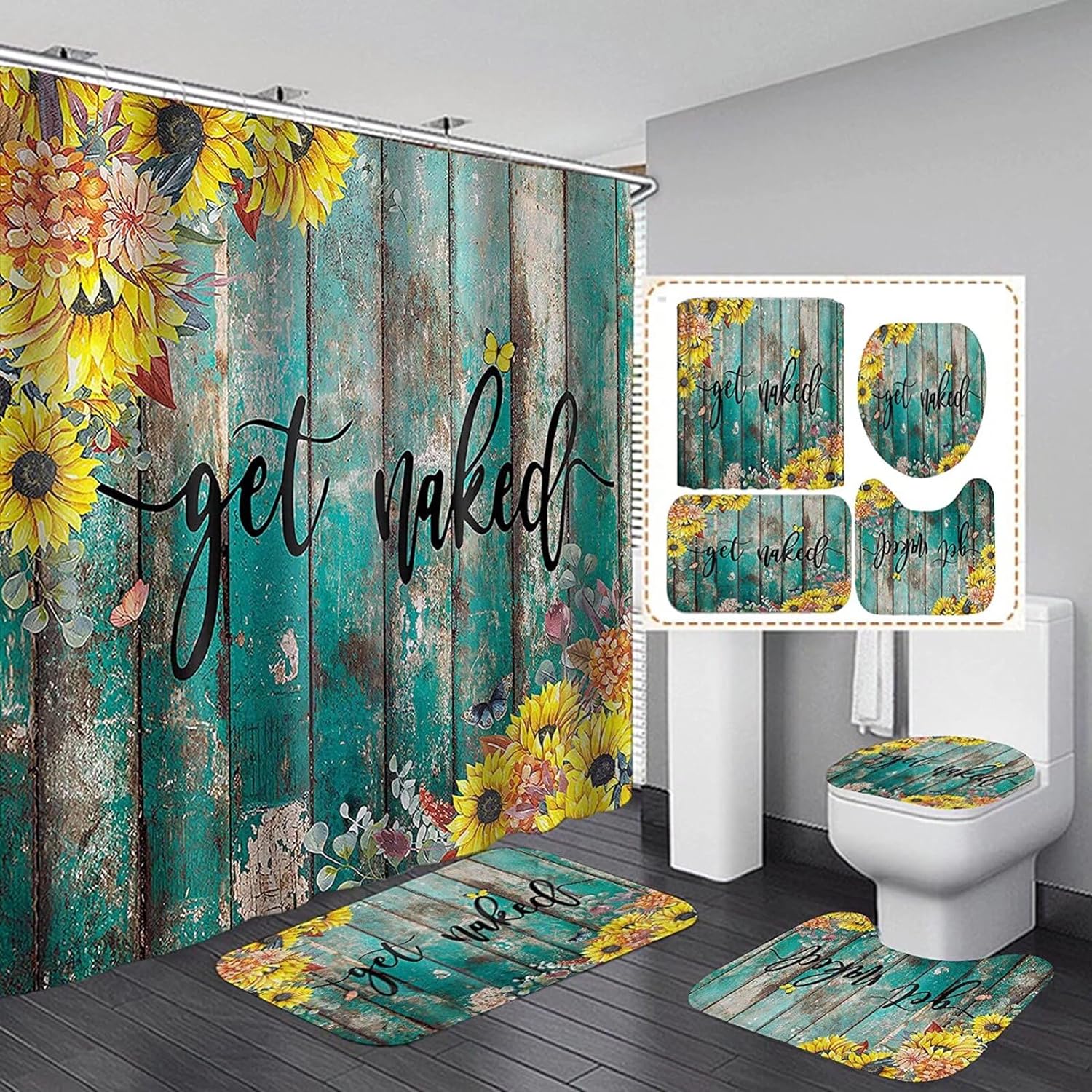 4Pcs Get Naked Sunflower Shower Curtain Sets Floral Green Bathroom Set Decor