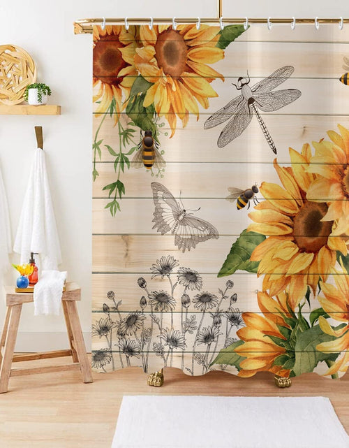 Load image into Gallery viewer, Sunflower Shower Curtain, Country Wooden Plank Yellow Floral Bee Dragonfly Machine Washable Waterproof, 72Wx74H
